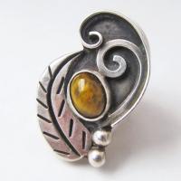 Big Bold Vintage Statement Ring with Sterling Silver Leaf and Tigers Eye Stone