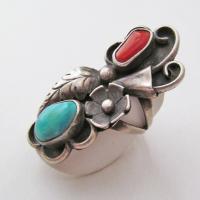 Large Southwestern Sterling Silver Ring with Turquoise and Red Coral