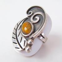 Big Bold Vintage Statement Ring with Sterling Silver Leaf and Tigers Eye Stone