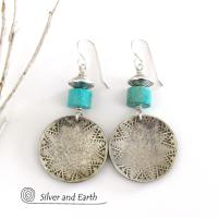 Turquoise Sterling Silver Earrings with Hand Stamped and Hammered Texture