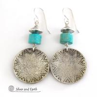 Turquoise Sterling Silver Earrings with Hand Stamped and Hammered Texture