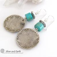 Turquoise Sterling Silver Earrings with Hand Stamped and Hammered Texture