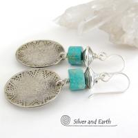 Turquoise Sterling Silver Earrings with Hand Stamped and Hammered Texture