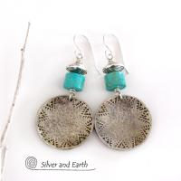 Turquoise Sterling Silver Earrings with Hand Stamped and Hammered Texture