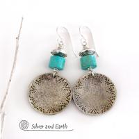 Turquoise Sterling Silver Earrings with Hand Stamped and Hammered Texture