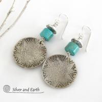 Turquoise Sterling Silver Earrings with Hand Stamped and Hammered Texture