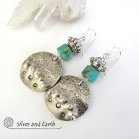 Round Sterling Silver Dangle Earrings with Turquoise - Unique Artisan Jewelry