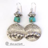 Round Sterling Silver Dangle Earrings with Turquoise - Unique Artisan Jewelry