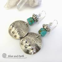 Round Sterling Silver Dangle Earrings with Turquoise - Unique Artisan Jewelry