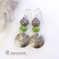 Sterling Silver Earrings with Green Serpentine Stones & Leaf Beads