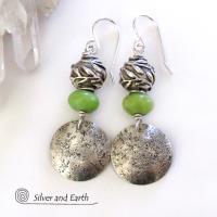 Sterling Silver Earrings with Green Serpentine Stones & Leaf Beads