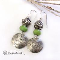 Sterling Silver Earrings with Green Serpentine Stones & Leaf Beads