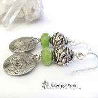 Sterling Silver Earrings with Green Serpentine Stones & Leaf Beads