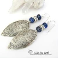 Sterling Silver Earrings with Blue Lapis & Pyrite Gemstones - Modern Jewelry