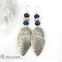 Sterling Silver Earrings with Blue Lapis & Pyrite Gemstones - Modern Jewelry