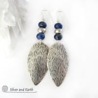 Sterling Silver Earrings with Blue Lapis & Pyrite Gemstones - Modern Jewelry