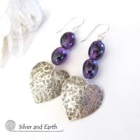 Sterling Silver Heart Earrings with Amethyst Gemstones - Romantic Heart Jewelry