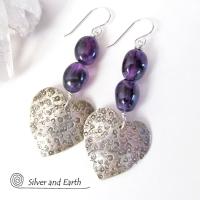 Sterling Silver Heart Earrings with Amethyst Gemstones - Romantic Heart Jewelry