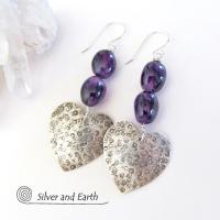 Sterling Silver Heart Earrings with Amethyst Gemstones - Romantic Heart Jewelry