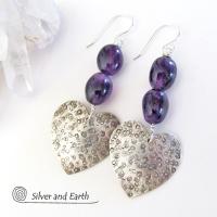 Sterling Silver Heart Earrings with Amethyst Gemstones - Romantic Heart Jewelry