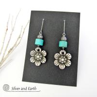 Silver Pewter Flower Earrings with Turquoise - Nature Jewelry Gifts for Her