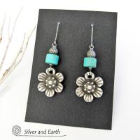Silver Pewter Flower Earrings with Turquoise - Nature Jewelry Gifts for Her