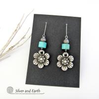 Silver Pewter Flower Earrings with Turquoise - Nature Jewelry Gifts for Her