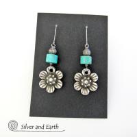 Silver Pewter Flower Earrings with Turquoise - Nature Jewelry Gifts for Her