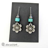 Silver Pewter Flower Earrings with Turquoise - Nature Jewelry Gifts for Her