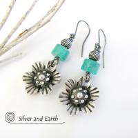 Silver Pewter Flower Earrings with Turquoise - Nature Jewelry Gifts for Her