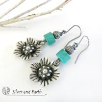 Silver Pewter Flower Earrings with Turquoise - Nature Jewelry Gifts for Her