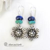 Silver Pewter Flower Earrings with Turquoise & Lapis - Nature Jewelry