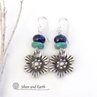 Silver Pewter Flower Earrings with Turquoise & Lapis - Nature Jewelry