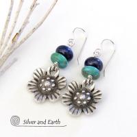 Silver Pewter Flower Earrings with Turquoise & Lapis - Nature Jewelry