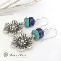 Silver Pewter Flower Earrings with Turquoise & Lapis - Nature Jewelry