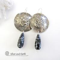 Sterling Silver Earrings with Snowflake Obsidian Stones - Unique Silver Jewelry