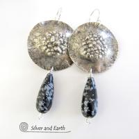 Sterling Silver Earrings with Snowflake Obsidian Stones - Unique Silver Jewelry