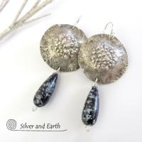 Sterling Silver Earrings with Snowflake Obsidian Stones - Unique Silver Jewelry