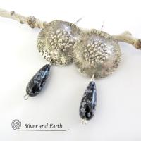 Sterling Silver Earrings with Snowflake Obsidian Stones - Unique Silver Jewelry