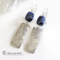 Sterling Silver Rectangle Earrings with Blue Sodalite Gemstones - Silver Jewelry