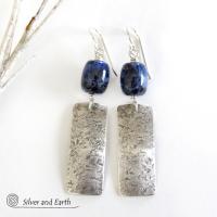 Sterling Silver Rectangle Earrings with Blue Sodalite Gemstones - Silver Jewelry