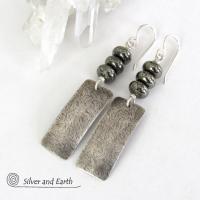 Sterling Silver Earrings with Natural Gray Pyrite Gemstones - Modern Jewelry