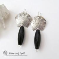 Sterling Silver Egyptian Earrings with Onyx Gemstones - Bold Exotic Jewelry