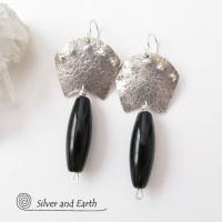 Sterling Silver Egyptian Earrings with Onyx Gemstones - Bold Exotic Jewelry