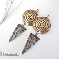 Sterling Silver & Brass Earrings with Spiral Design -Contemporary Modern Jewelry