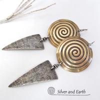 Sterling Silver & Brass Earrings with Spiral Design -Contemporary Modern Jewelry