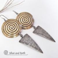 Sterling Silver & Brass Earrings with Spiral Design -Contemporary Modern Jewelry