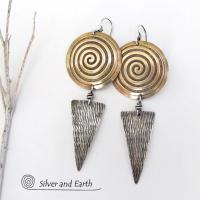 Sterling Silver & Brass Earrings with Spiral Design -Contemporary Modern Jewelry