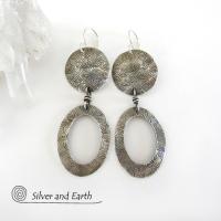 Textured Sterling Silver Hoop Dangle Earrings - Stylish Modern Everyday Jewelry