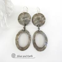 Textured Sterling Silver Hoop Dangle Earrings - Stylish Modern Everyday Jewelry